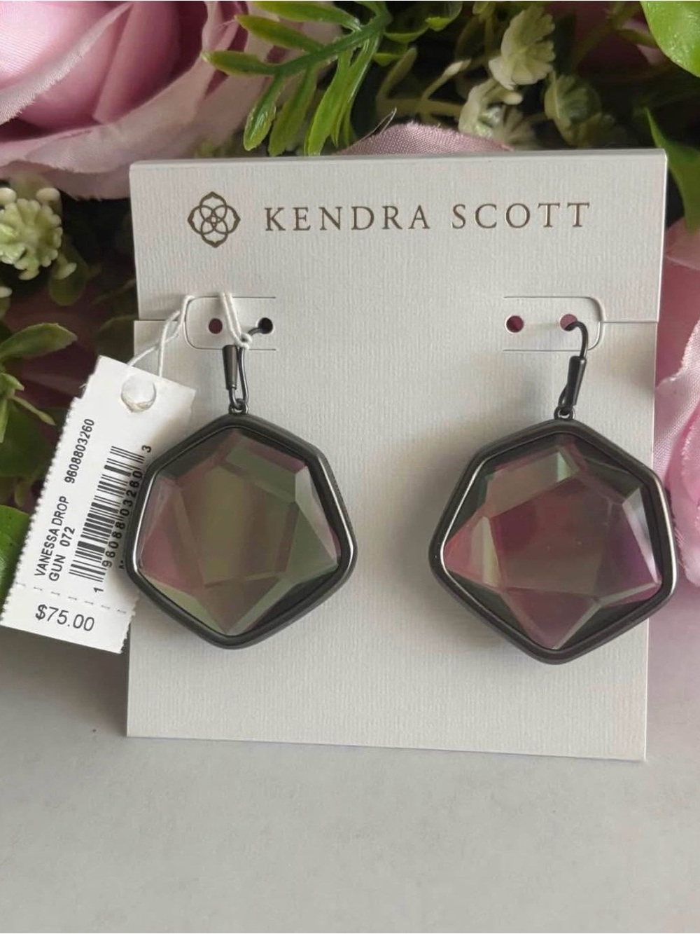NWT Kendra Scott Vanessa Earrings in gunmetal  Dichroic glass